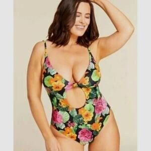 NWT Andie The Santorini Tropical Floral Cutout Front One Piece Swimsuit S Black